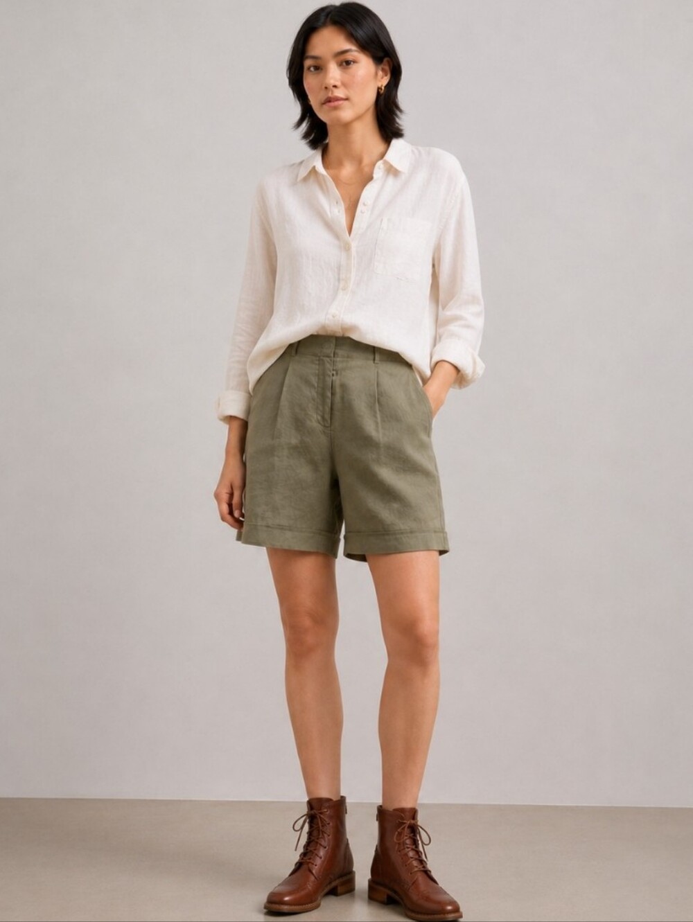 NWT Tristan Light Khaki Olive Green High Rise Linen Shorts Size 8